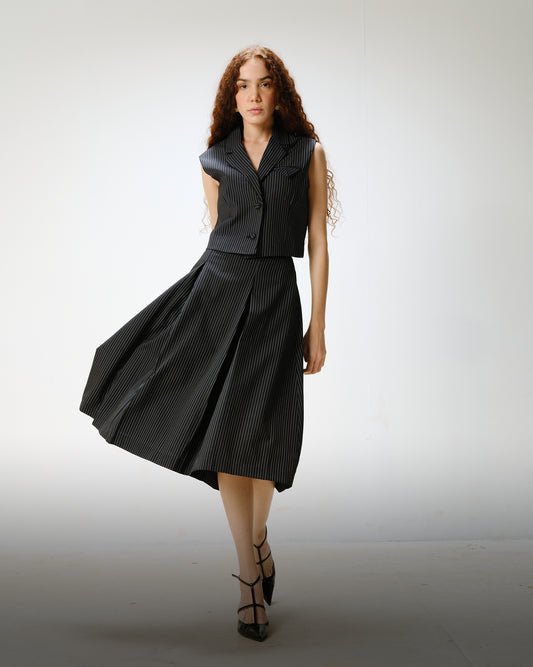 Pinstripe Pleated Midi Skirt