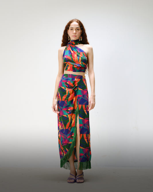 Tropical Skirt Set with Fringe Detail