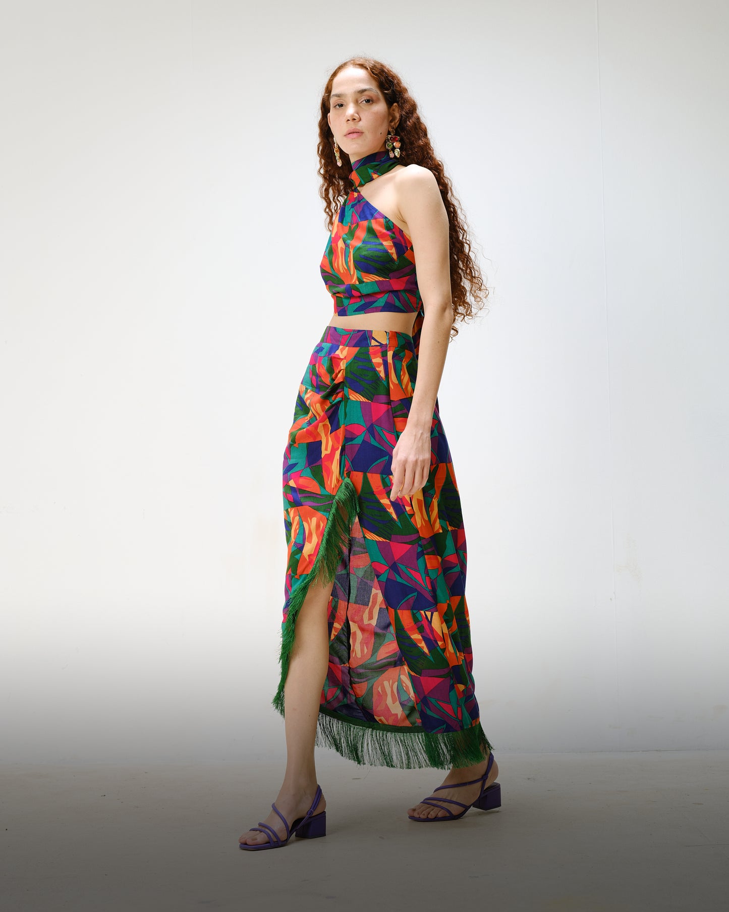 Tropical Skirt Set with Fringe Detail