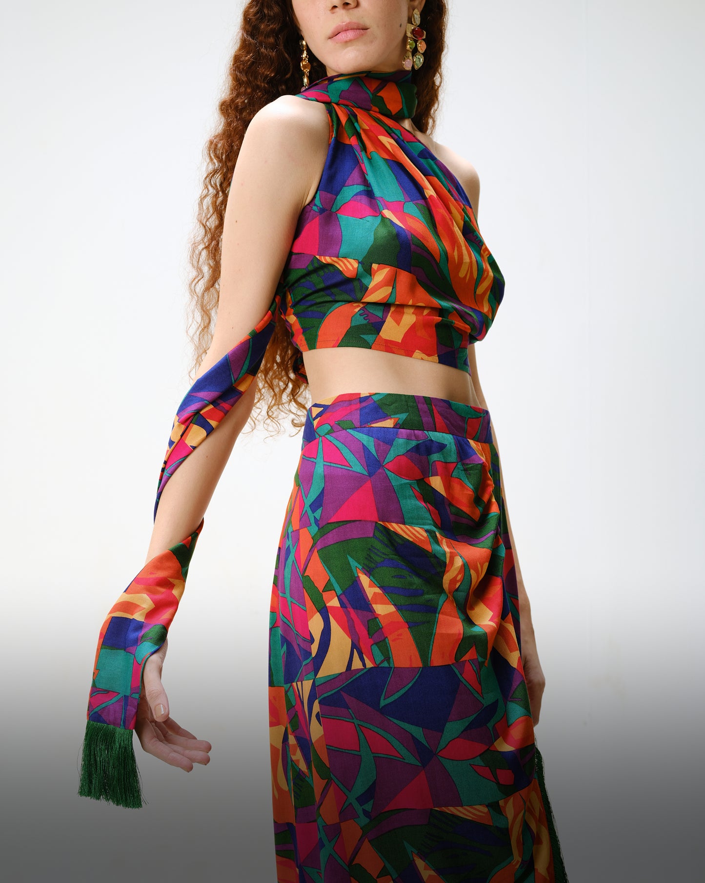 Tropical Skirt Set with Fringe Detail