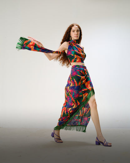 Tropical Skirt Set with Fringe Detail