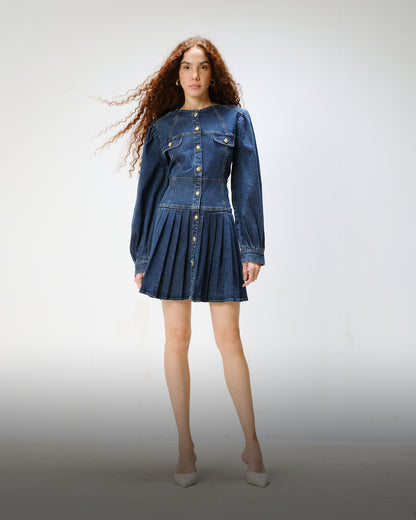 Denim Pleated Dress with Gold Buttons