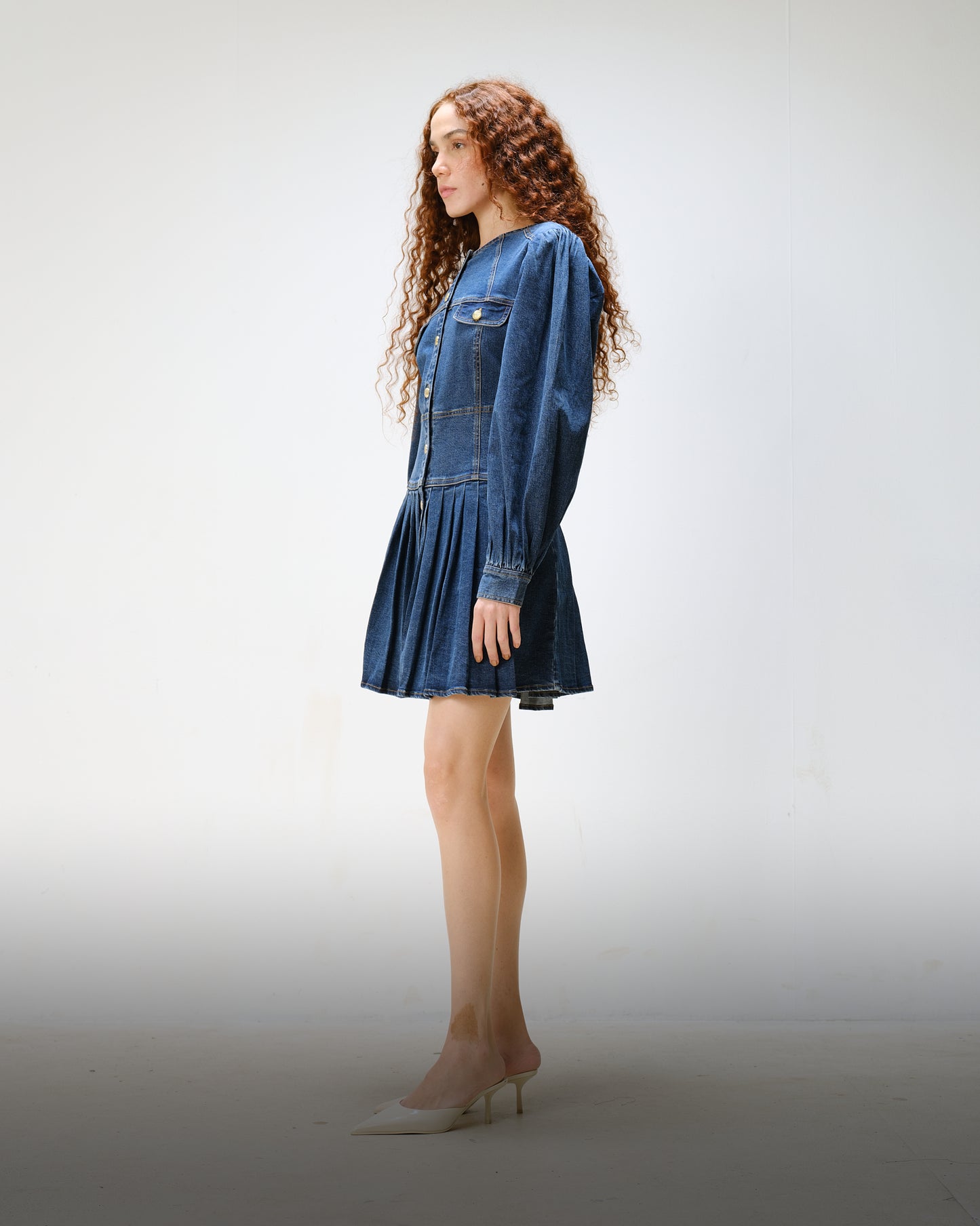 Denim Pleated Dress with Gold Buttons
