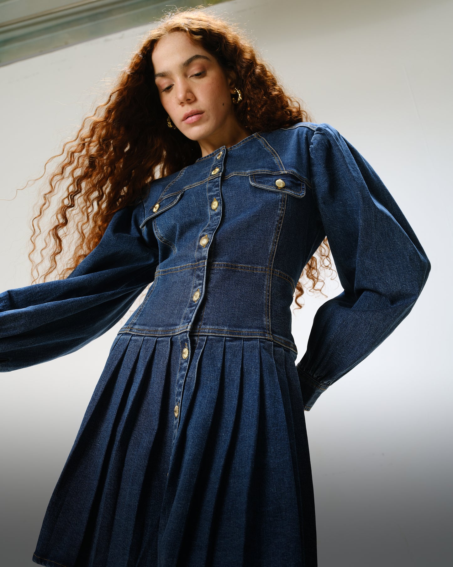 Denim Pleated Dress with Gold Buttons