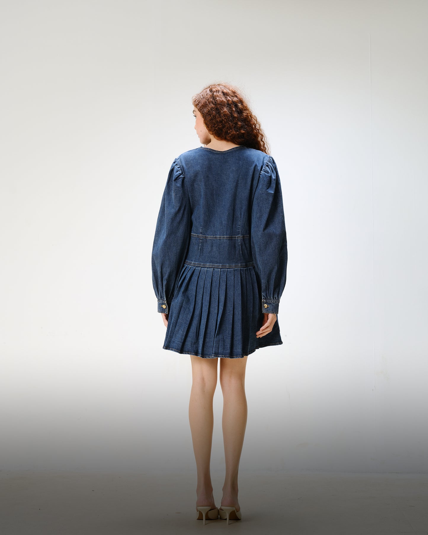 Denim Pleated Dress with Gold Buttons